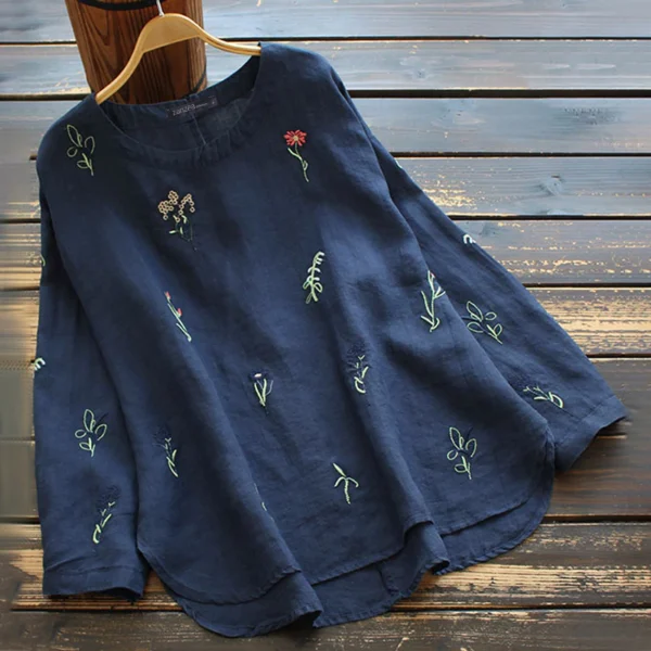 Women Embroidery Vintage O Neck Casual Long Sleeve Cotton Blouse