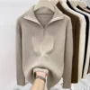 Knit Sweater Loose Sleeve Zipper Basic Korean Fashion Women Ladies Versatile Plain Color Long Sleeve Collar Knitwear Blouse