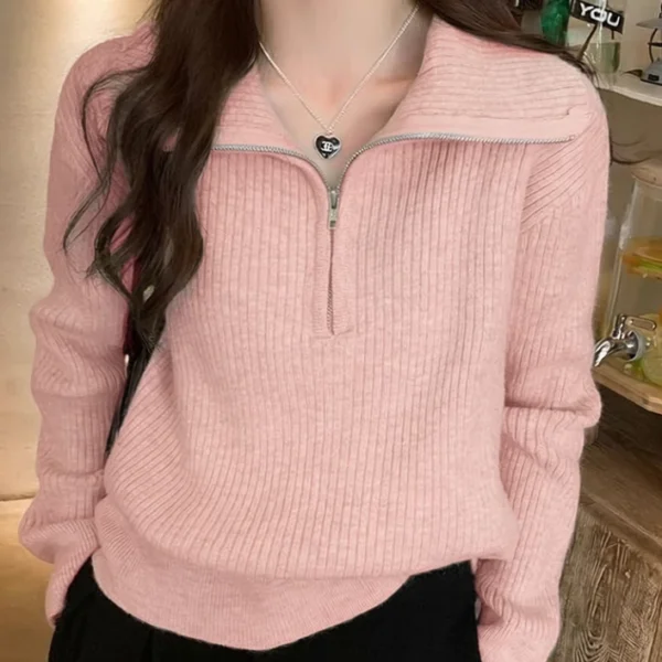 Knit Sweater Loose Sleeve Zipper Basic Korean Fashion Women Ladies Versatile Plain Color Long Sleeve Collar Knitwear Blouse