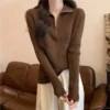 Knit Sweater Loose Sleeve Zipper Basic Korean Fashion Women Ladies Versatile Plain Color Long Sleeve Collar Knitwear Blouse