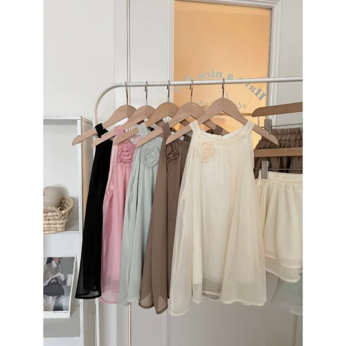 Lady silk chiffon off the shoulder blouse set with halter neck with 2 layer flared skirt detachable flower brooch women outfit
